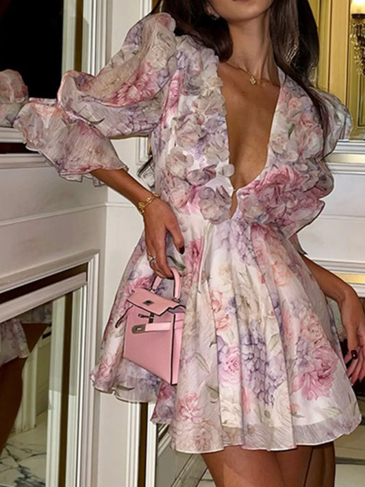Floral Print Ruffled Mini Dress with Deep V-Neck | Necessary Clothing