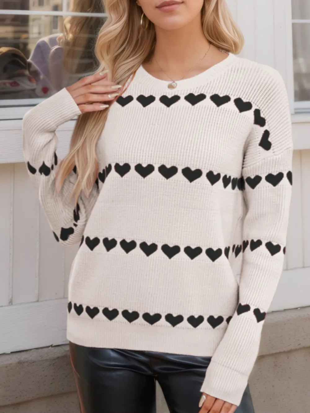 Heart Round Neck Long Sleeve Sweater | Necessary Clothing