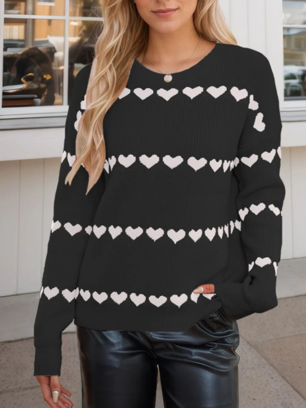 Heart Round Neck Long Sleeve Sweater | Necessary Clothing