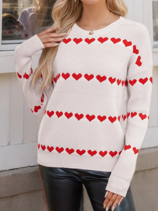 Heart Round Neck Long Sleeve Sweater | Necessary Clothing