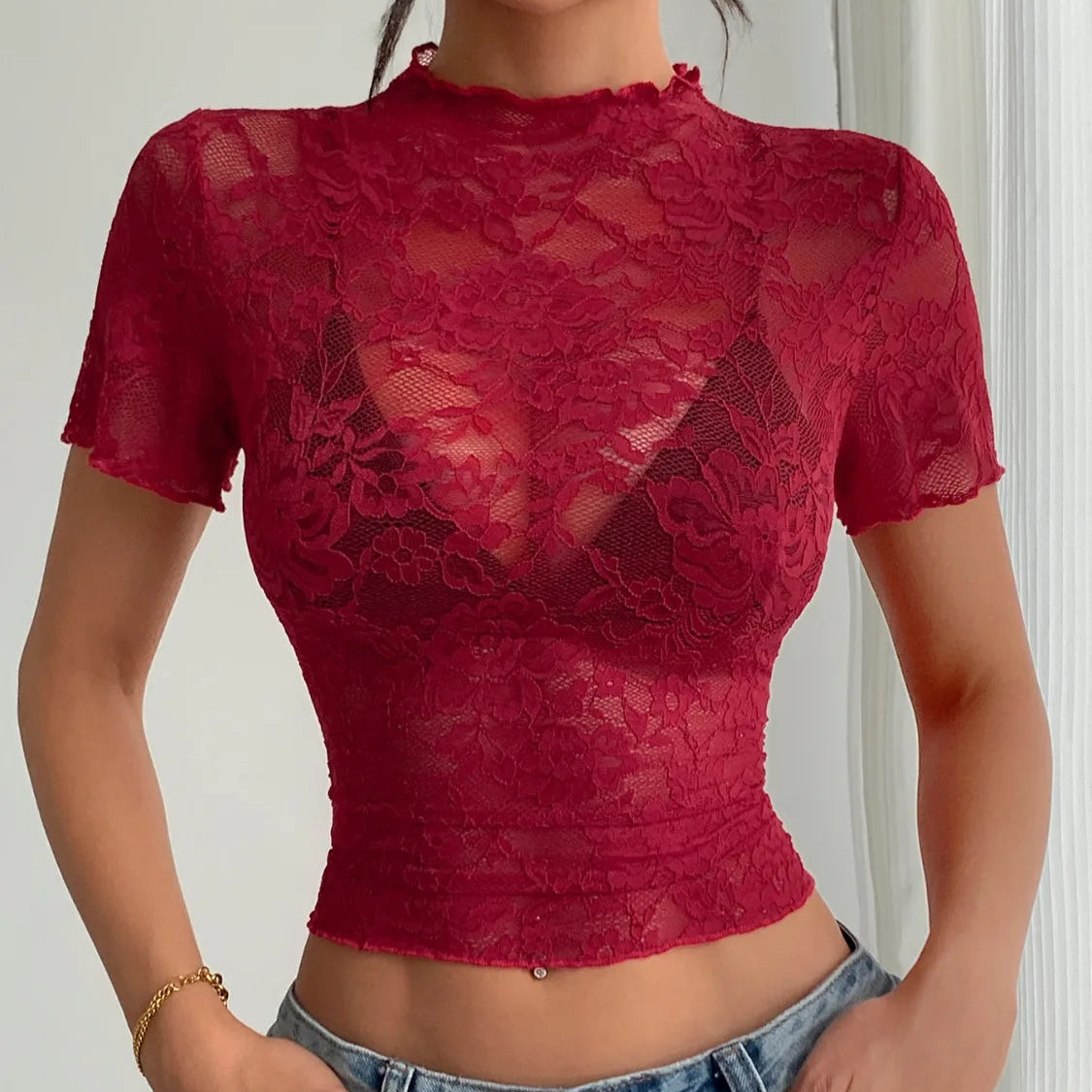 Lace Mock Neck Short Sleeve Top | Necessary Clothing