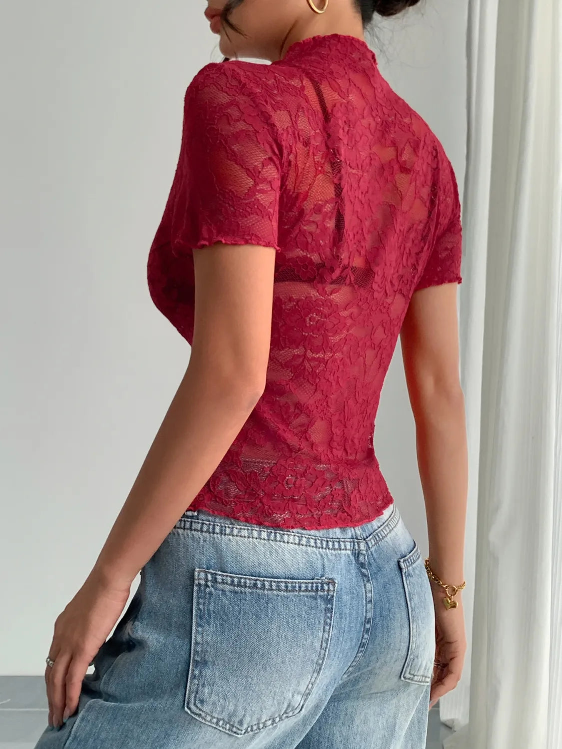 Lace Mock Neck Short Sleeve Top | Necessary Clothing