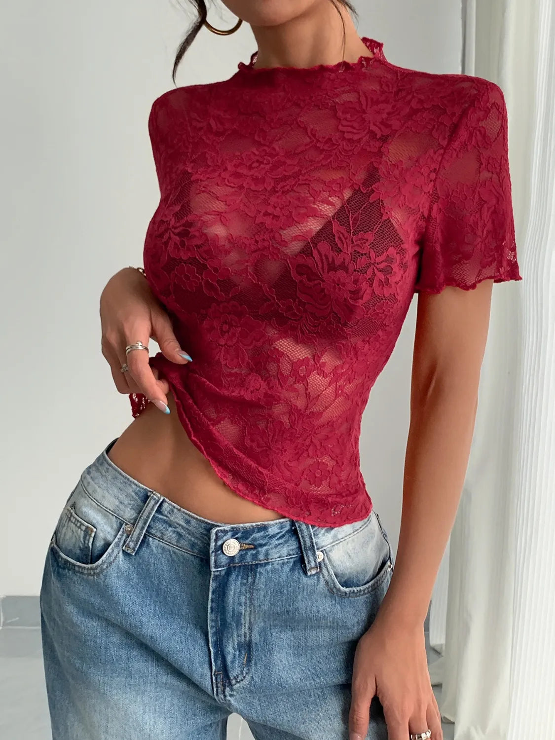 Lace Mock Neck Short Sleeve Top | Necessary Clothing
