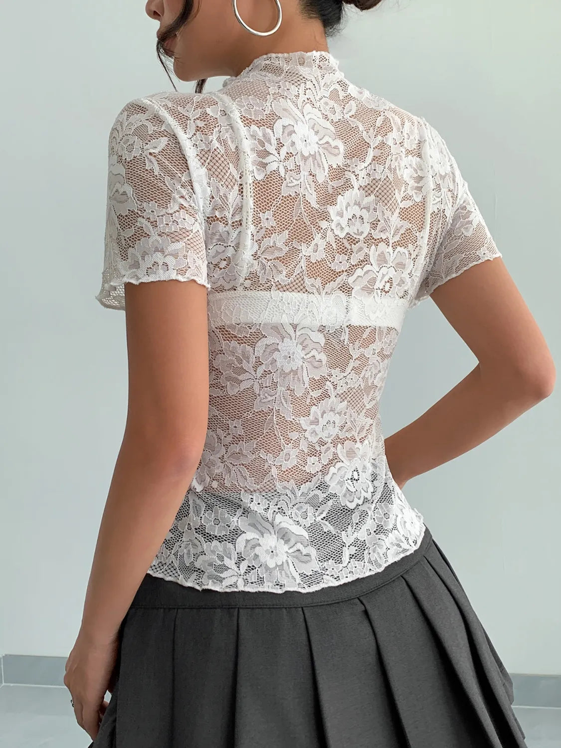 Lace Mock Neck Short Sleeve Top | Necessary Clothing