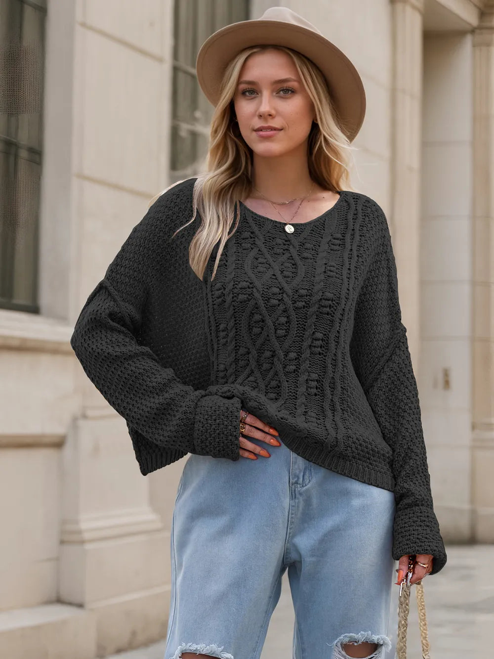 Round Neck Dropped Shoulder Long Sleeve Sweater | Necessary Clothing