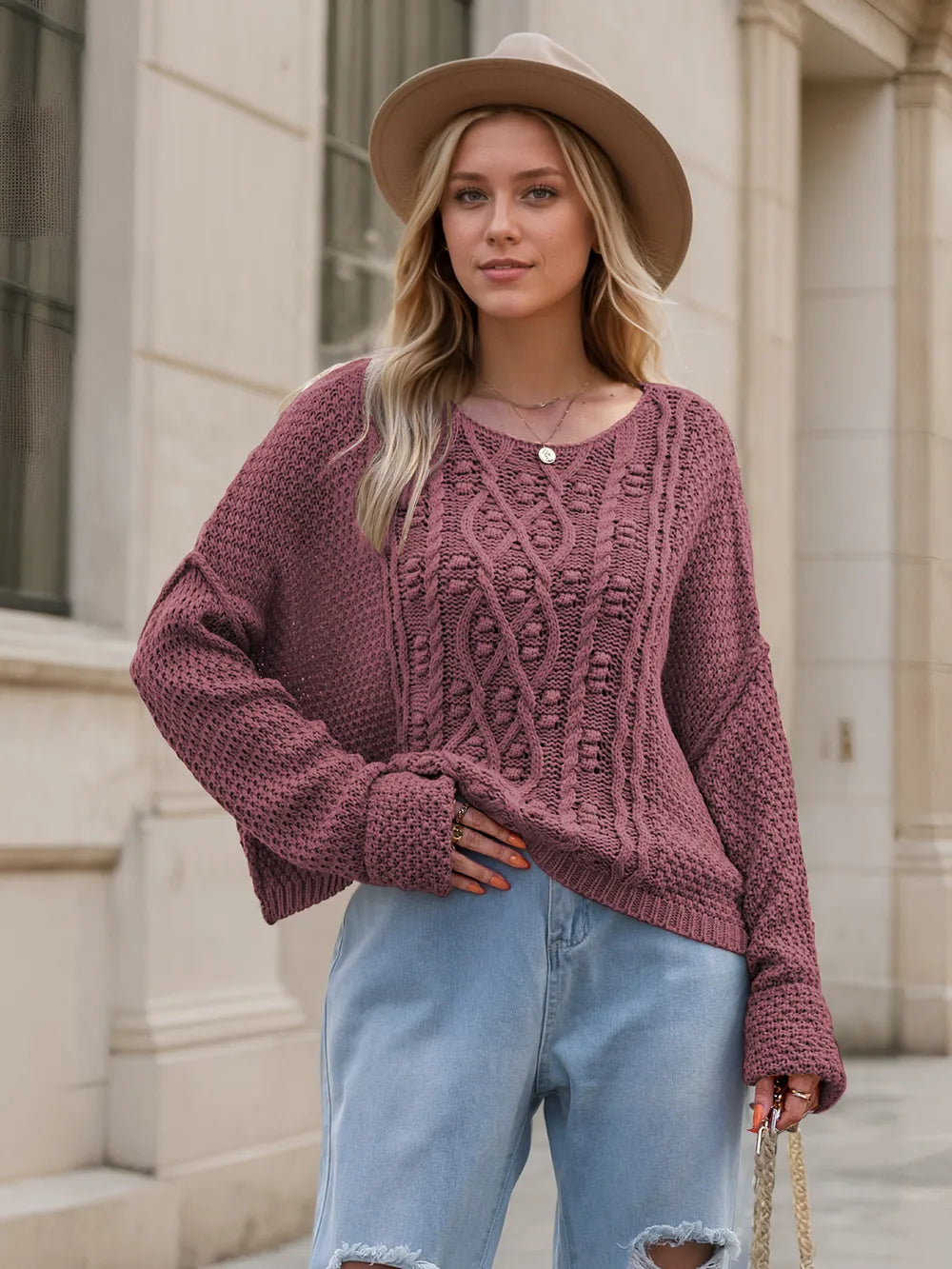 Round Neck Dropped Shoulder Long Sleeve Sweater | Necessary Clothing