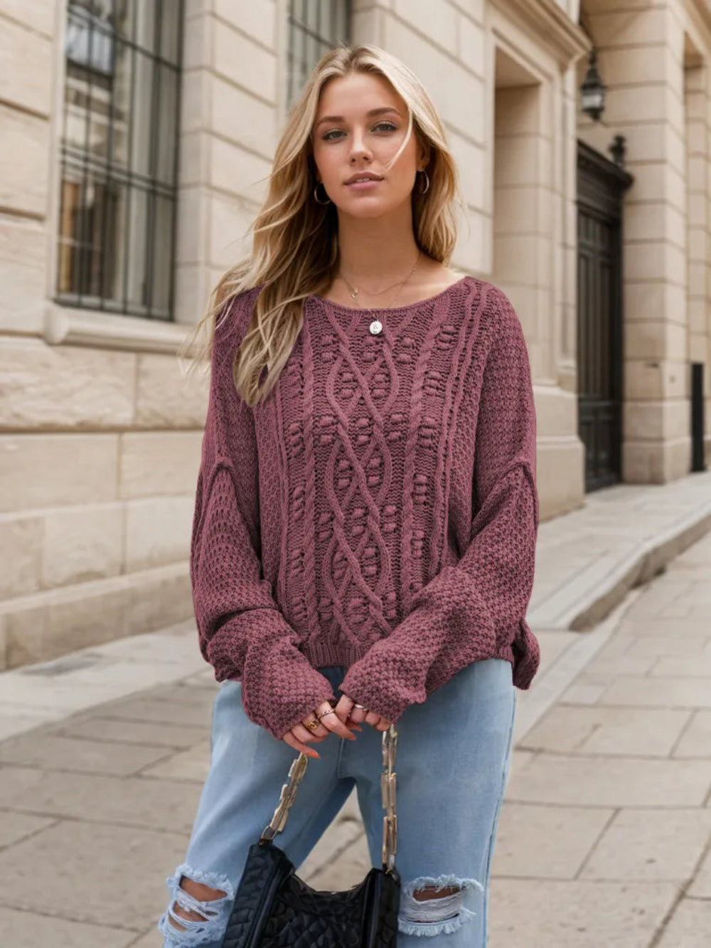 Round Neck Dropped Shoulder Long Sleeve Sweater | Necessary Clothing