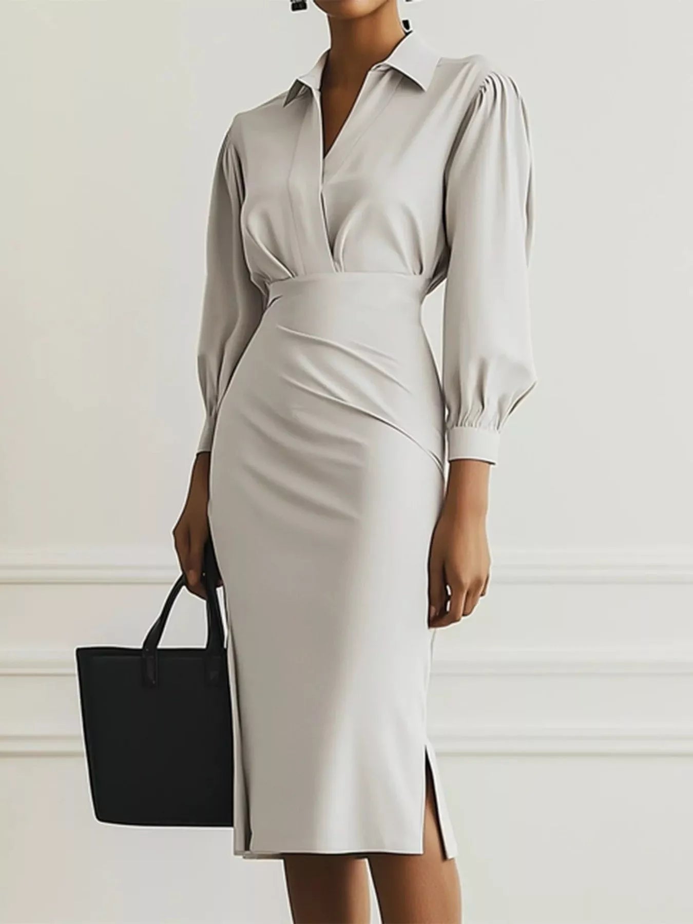 Ruched Midi Shirt Dress with Side Slit | Necessary Clothing