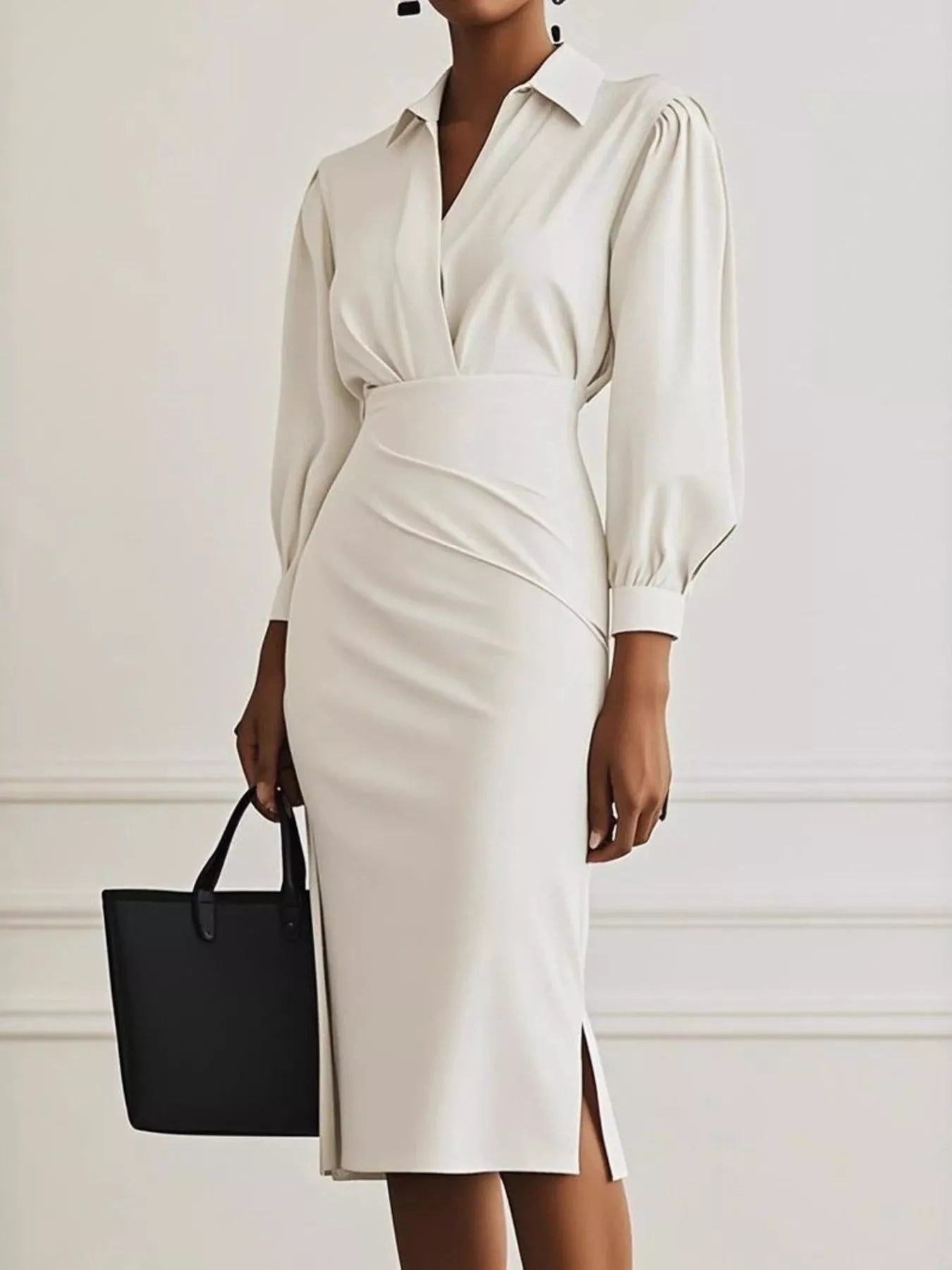 Ruched Midi Shirt Dress with Side Slit | Necessary Clothing