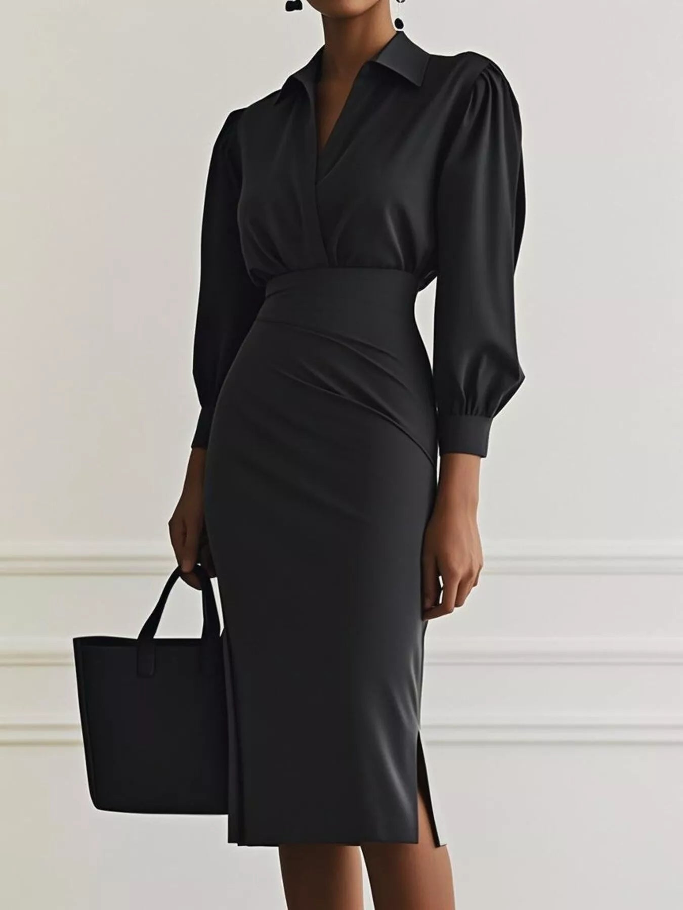 Ruched Midi Shirt Dress with Side Slit | Necessary Clothing