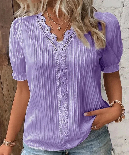 V-Neck Hollow Short Sleeve Splice Loose Street Blouse - Necessary Clothing Store