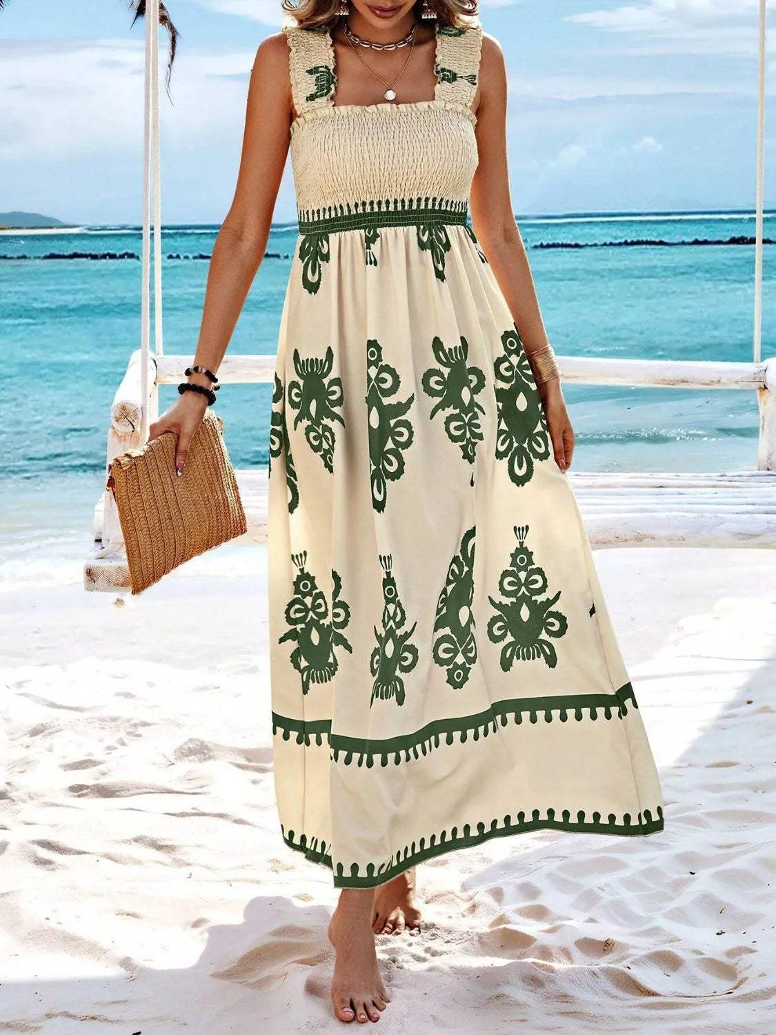 Smocked Printed Wide Strap Maxi Dress | Necessary Clothing