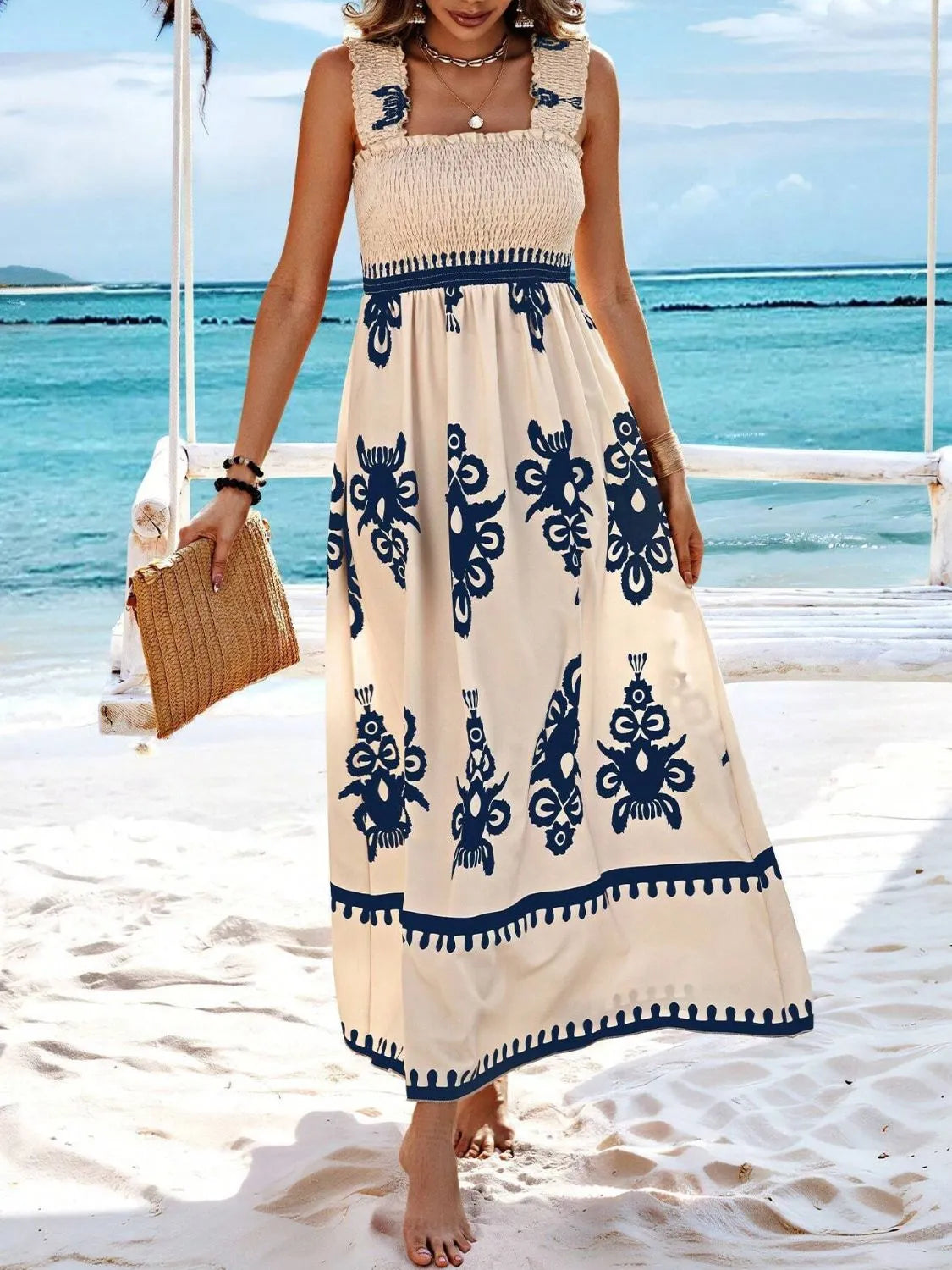 Smocked Printed Wide Strap Maxi Dress | Necessary Clothing