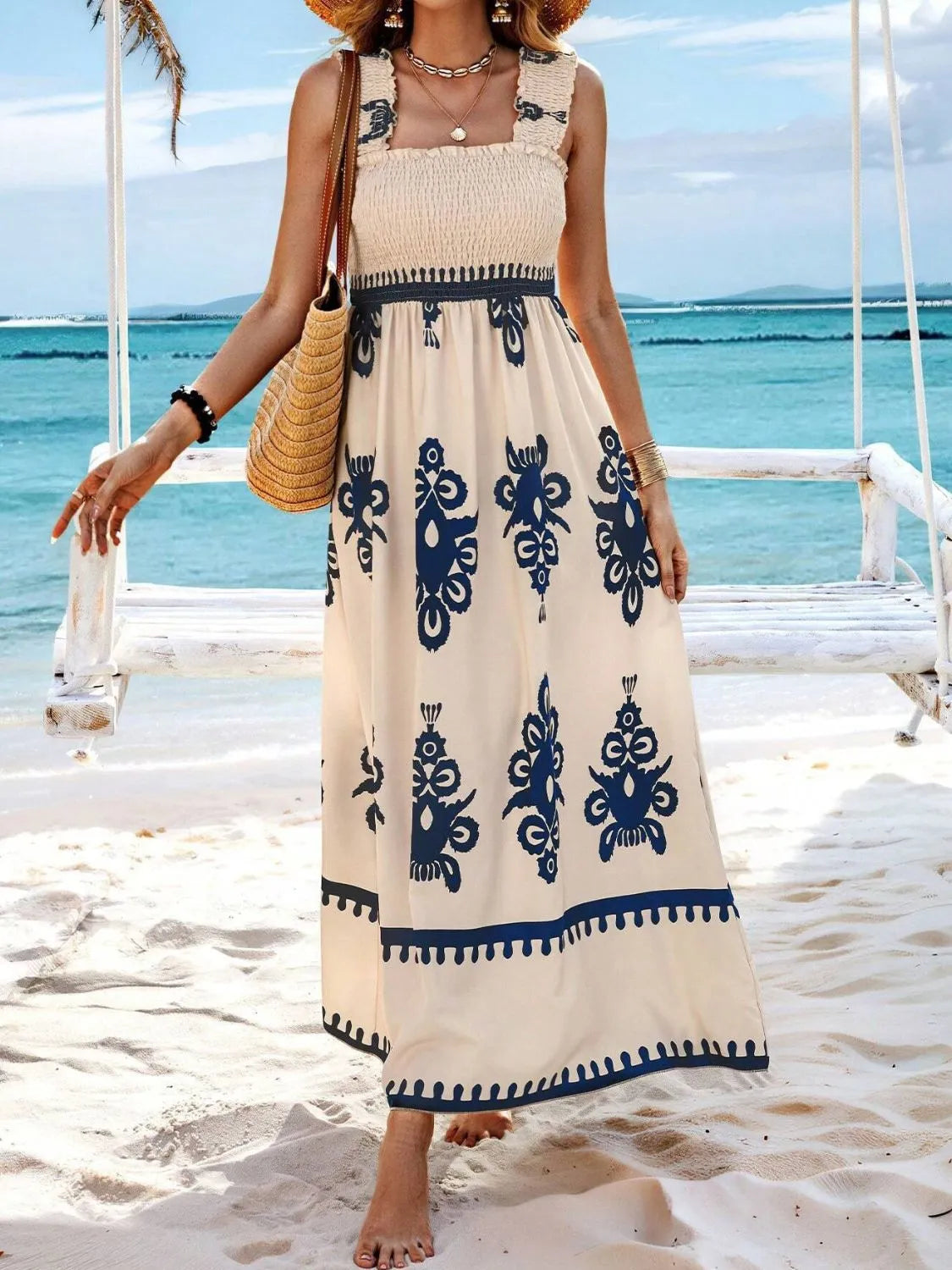 Smocked Printed Wide Strap Maxi Dress | Necessary Clothing