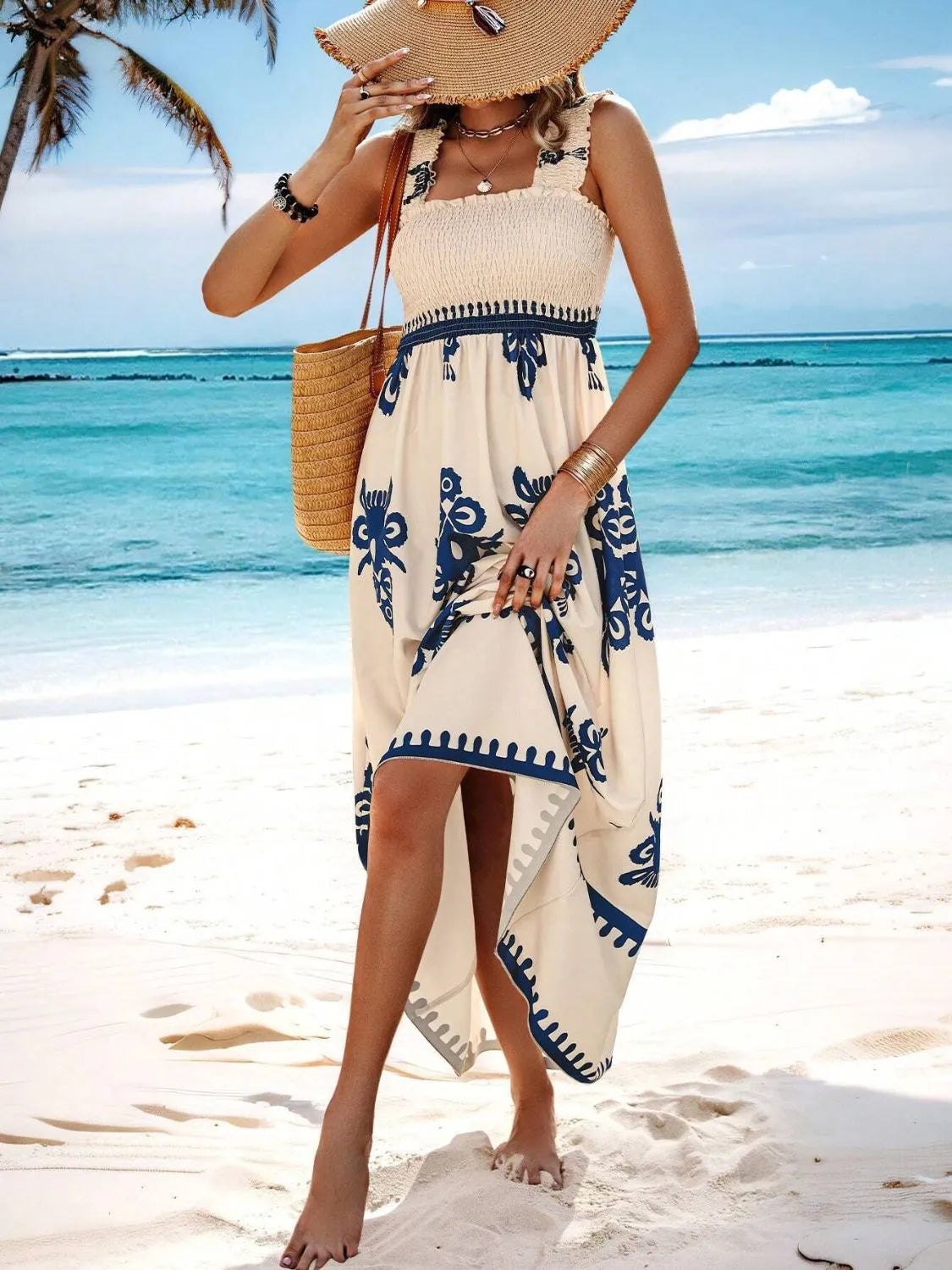 Smocked Printed Wide Strap Maxi Dress | Necessary Clothing