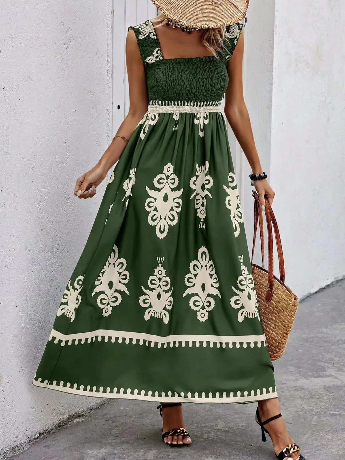 Smocked Printed Wide Strap Maxi Dress | Necessary Clothing
