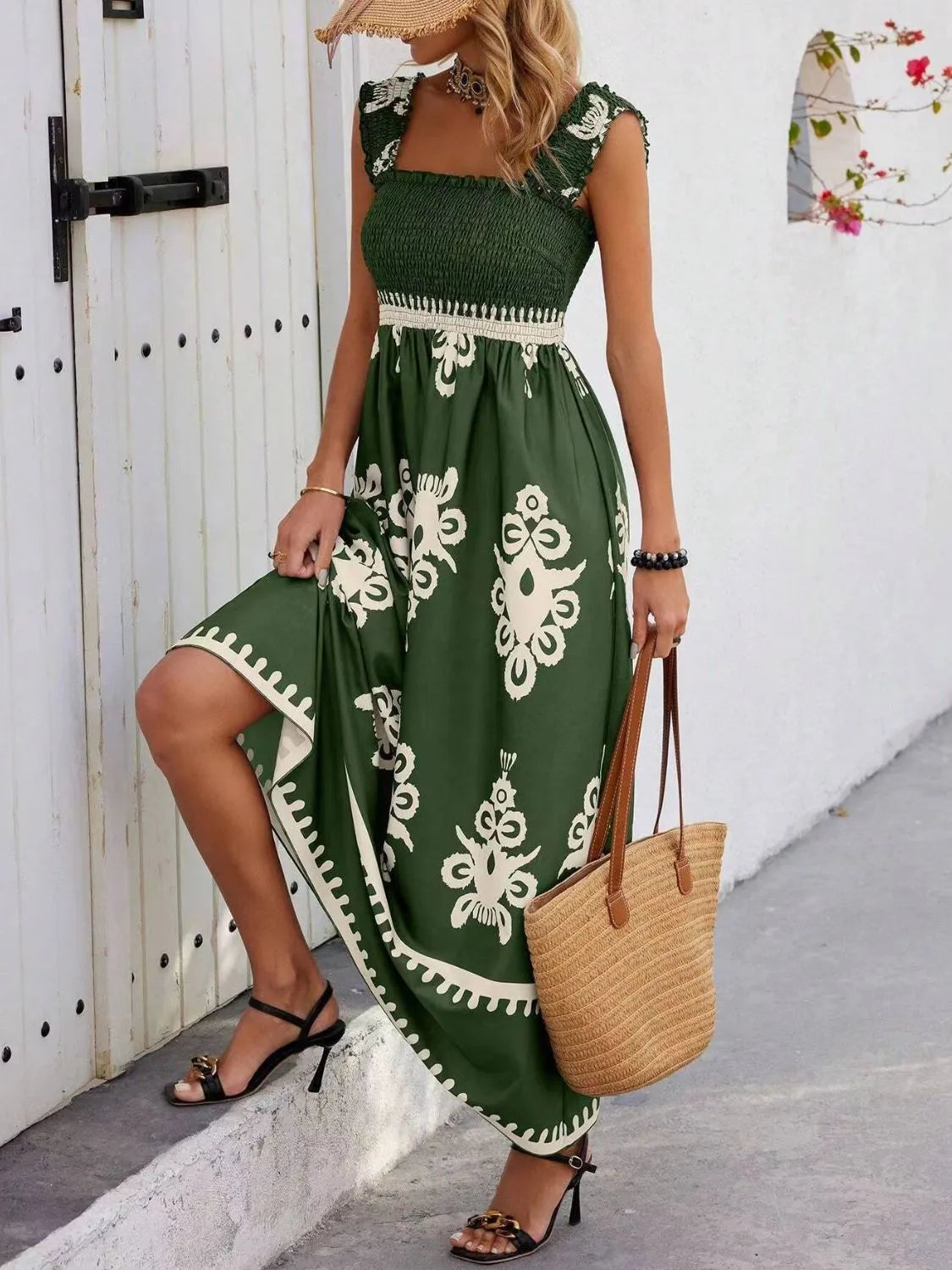 Smocked Printed Wide Strap Maxi Dress | Necessary Clothing