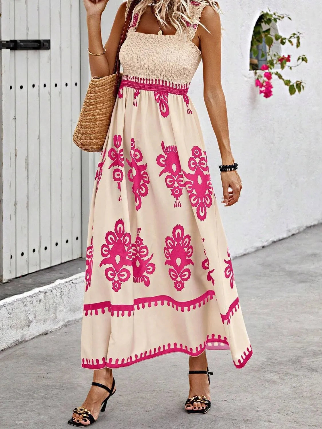 Smocked Printed Wide Strap Maxi Dress | Necessary Clothing