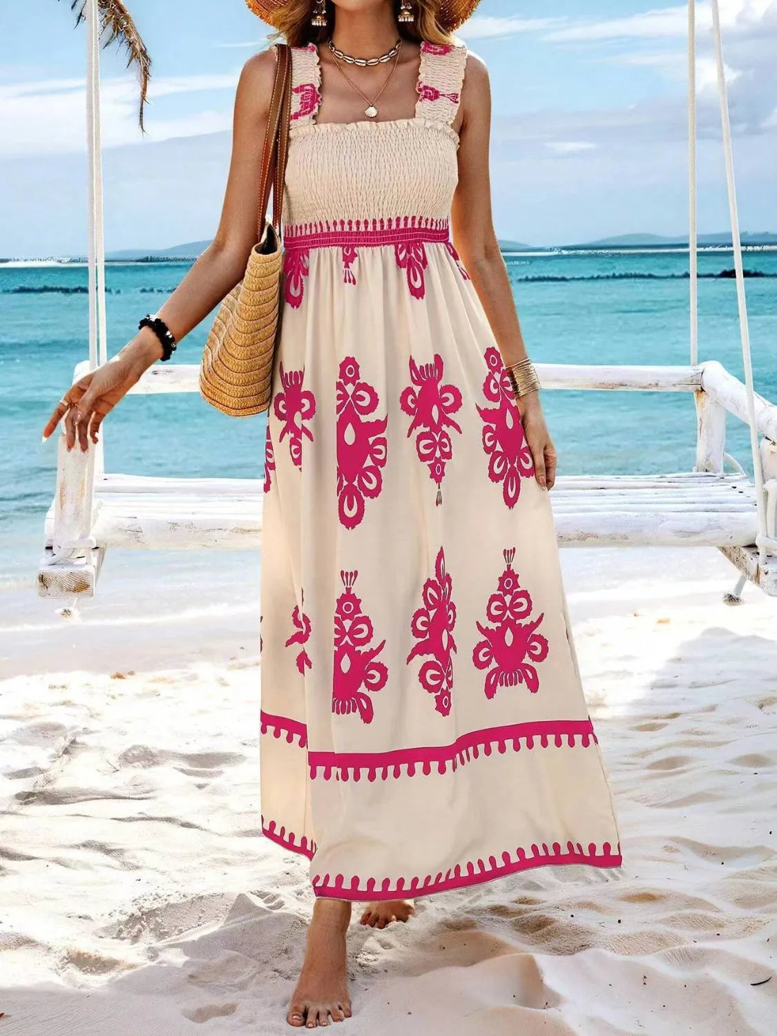 Smocked Printed Wide Strap Maxi Dress | Necessary Clothing