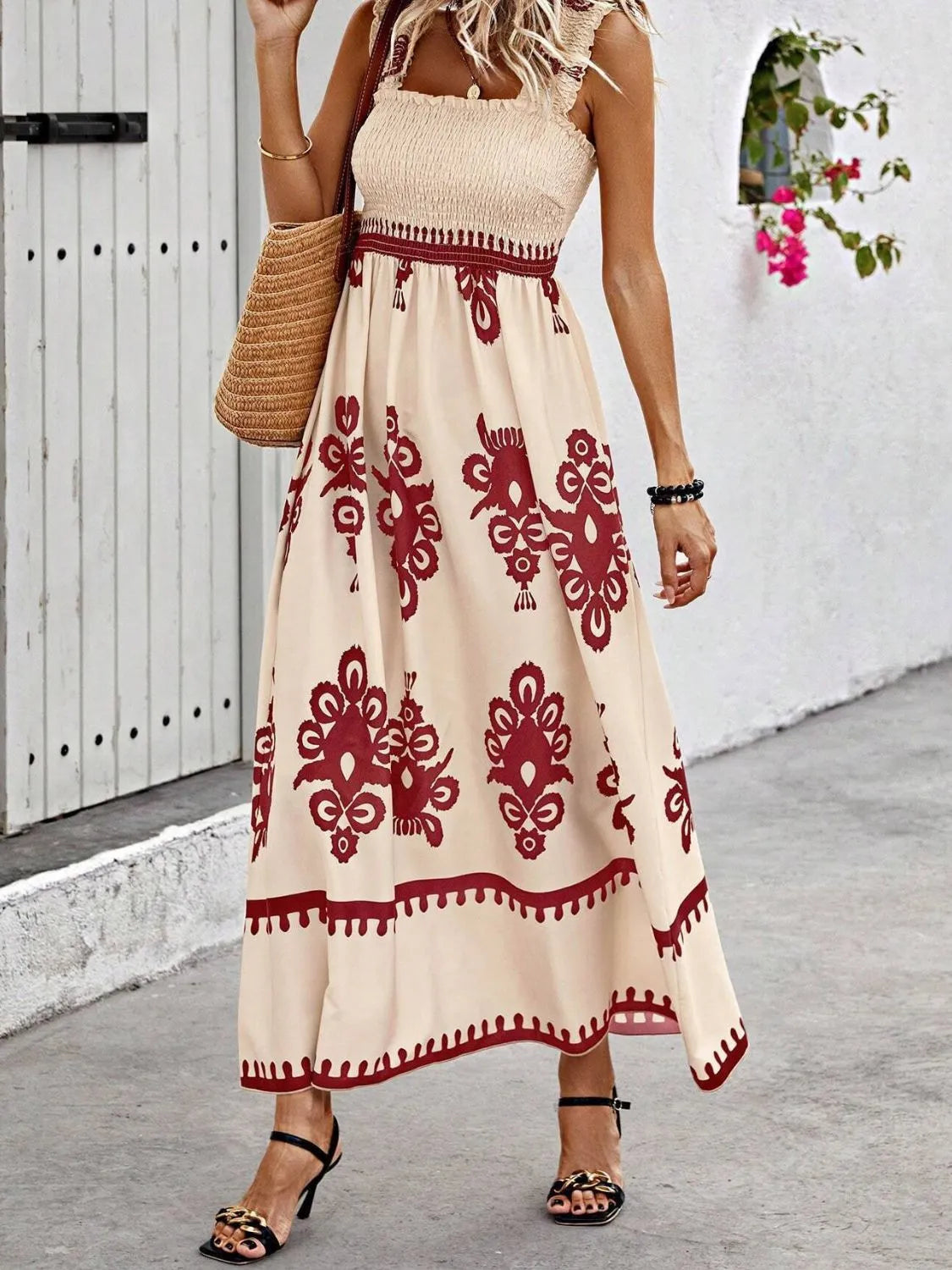 Smocked Printed Wide Strap Maxi Dress | Necessary Clothing