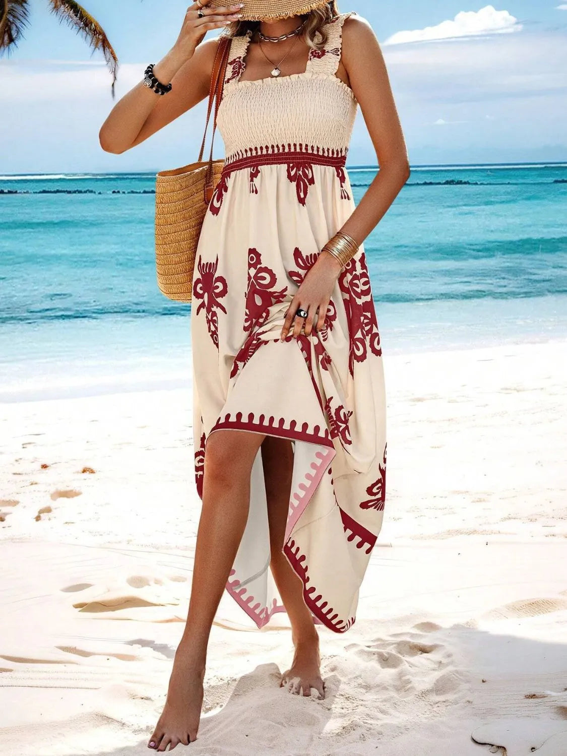 Smocked Printed Wide Strap Maxi Dress | Necessary Clothing