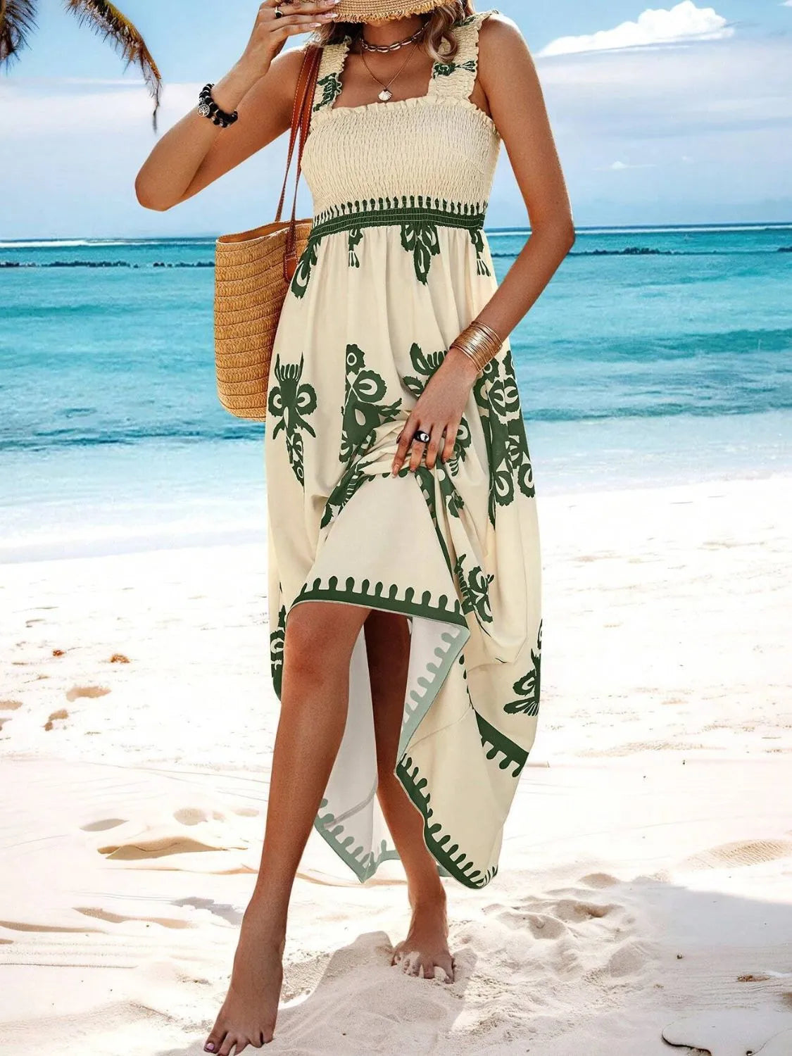 Smocked Printed Wide Strap Maxi Dress | Necessary Clothing