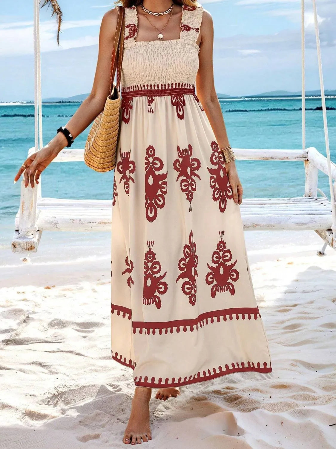 Smocked Printed Wide Strap Maxi Dress | Necessary Clothing