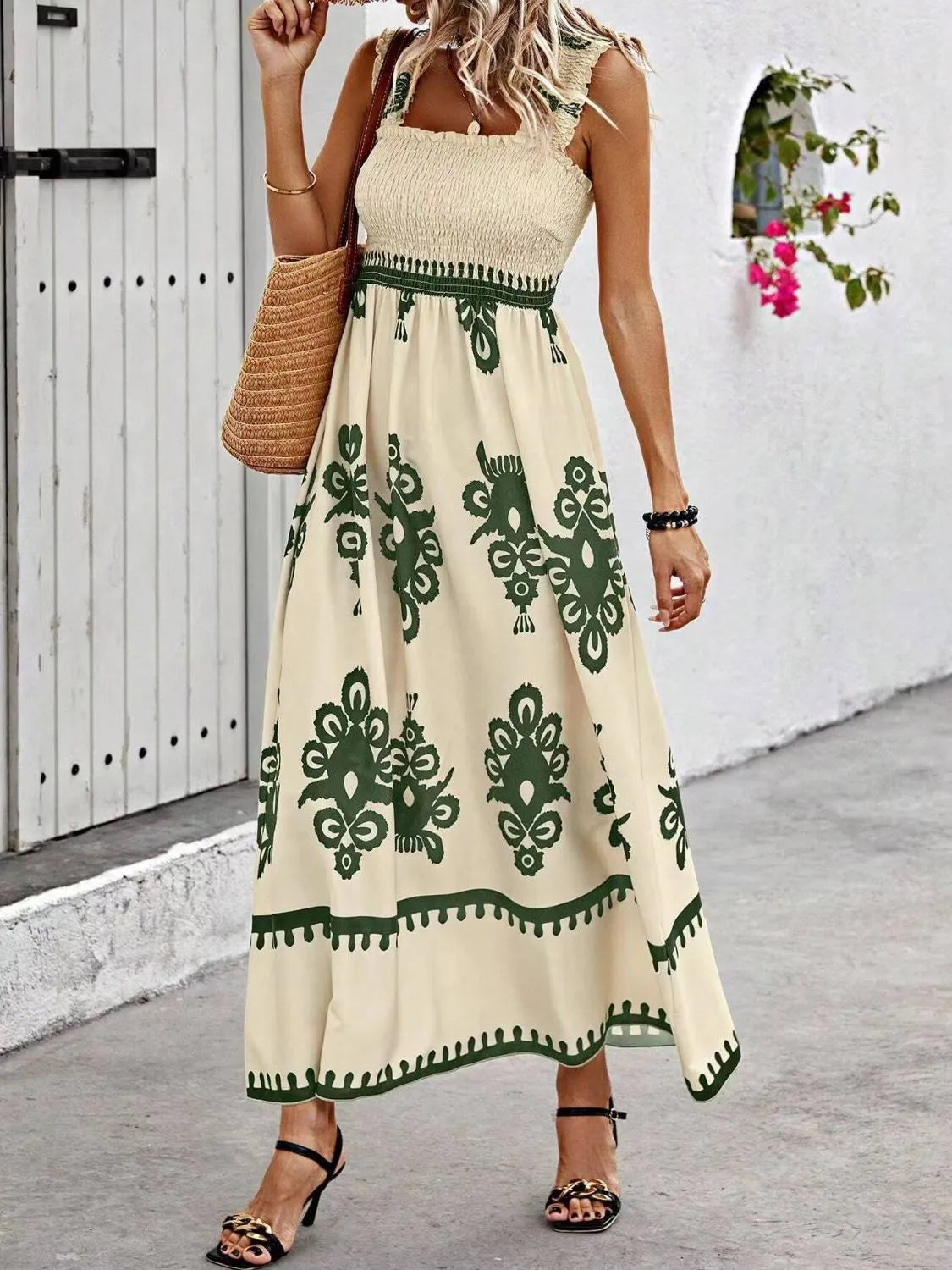 Smocked Printed Wide Strap Maxi Dress | Necessary Clothing