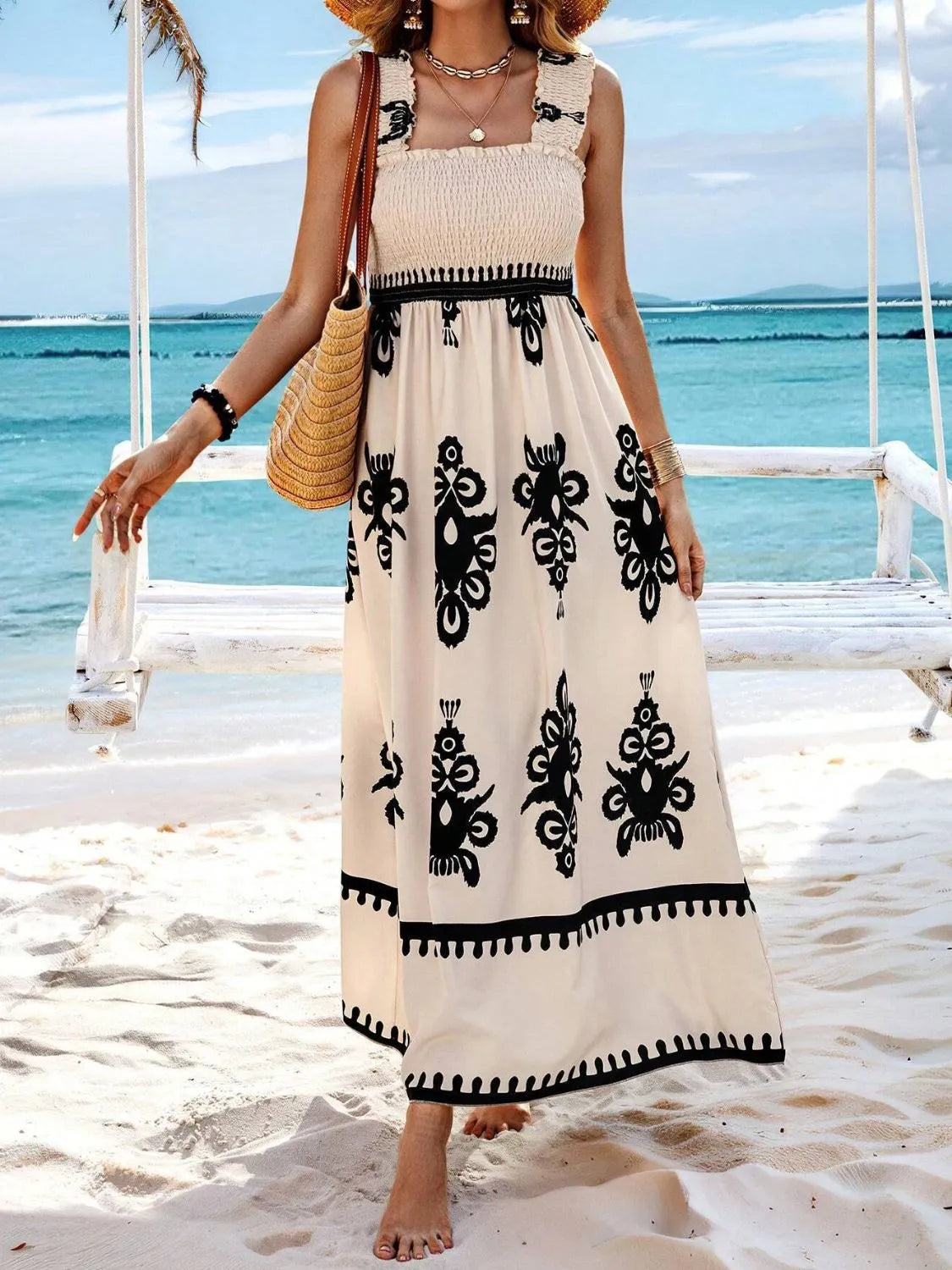 Smocked Printed Wide Strap Maxi Dress | Necessary Clothing