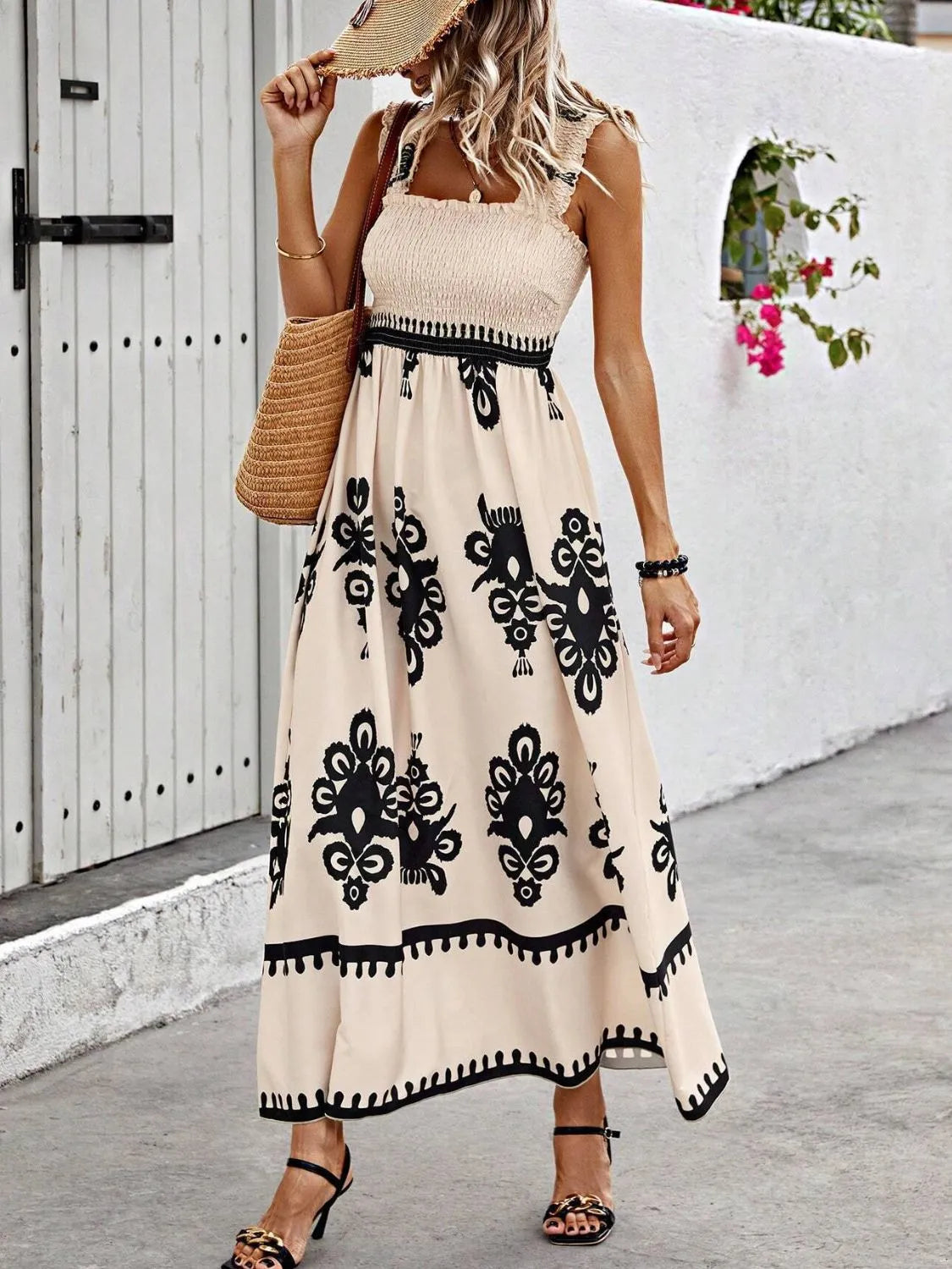 Smocked Printed Wide Strap Maxi Dress | Necessary Clothing