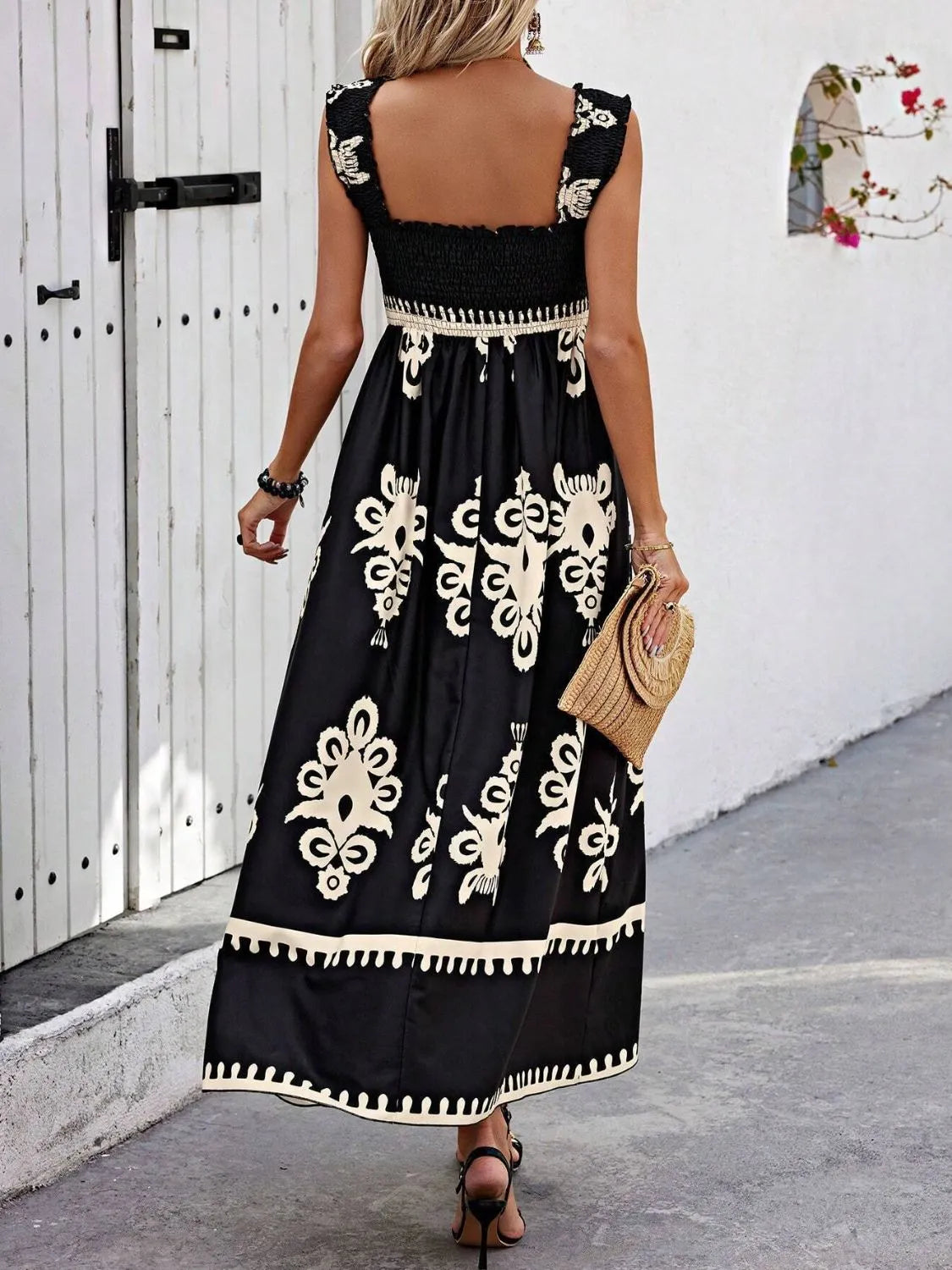 Smocked Printed Wide Strap Maxi Dress | Necessary Clothing