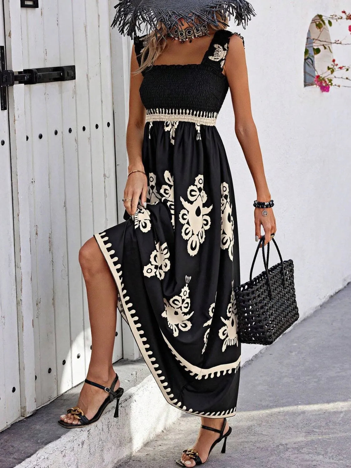 Smocked Printed Wide Strap Maxi Dress | Necessary Clothing