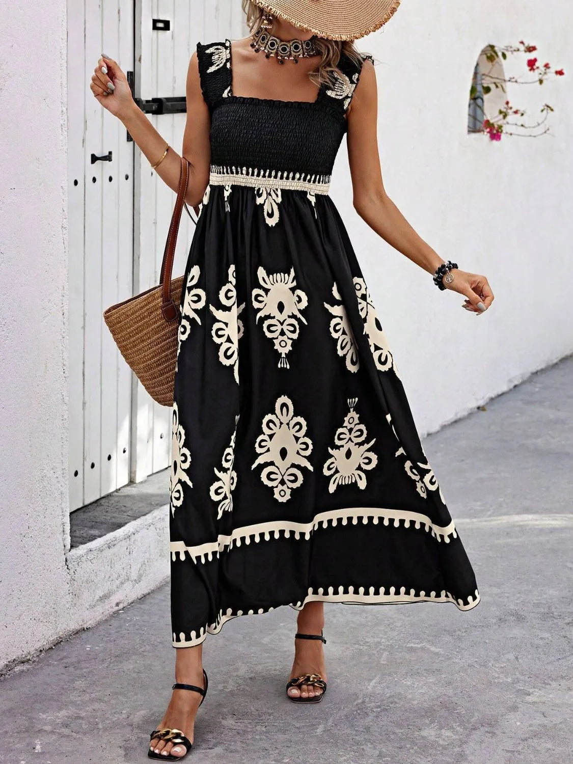 Smocked Printed Wide Strap Maxi Dress | Necessary Clothing