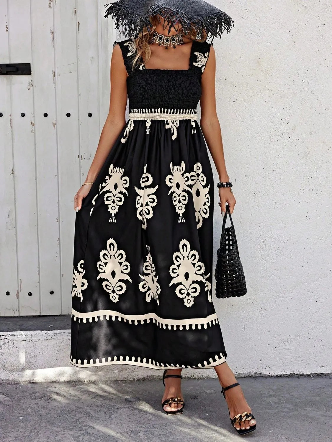 Smocked Printed Wide Strap Maxi Dress | Necessary Clothing