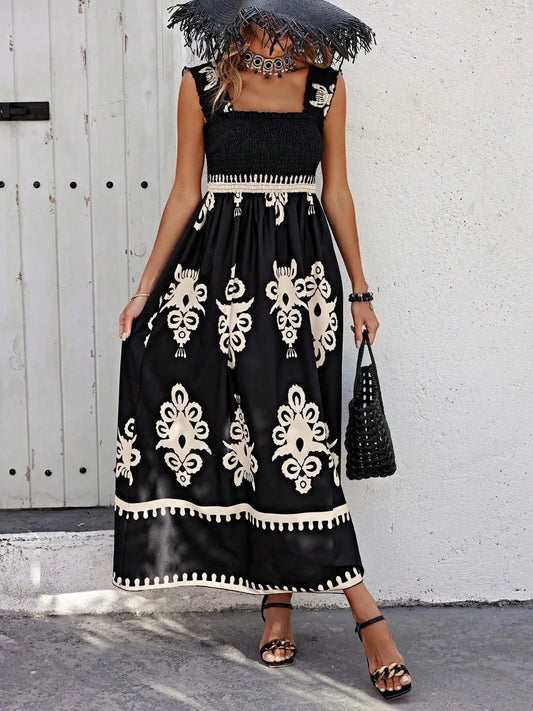 Smocked Printed Wide Strap Maxi Dress | Necessary Clothing