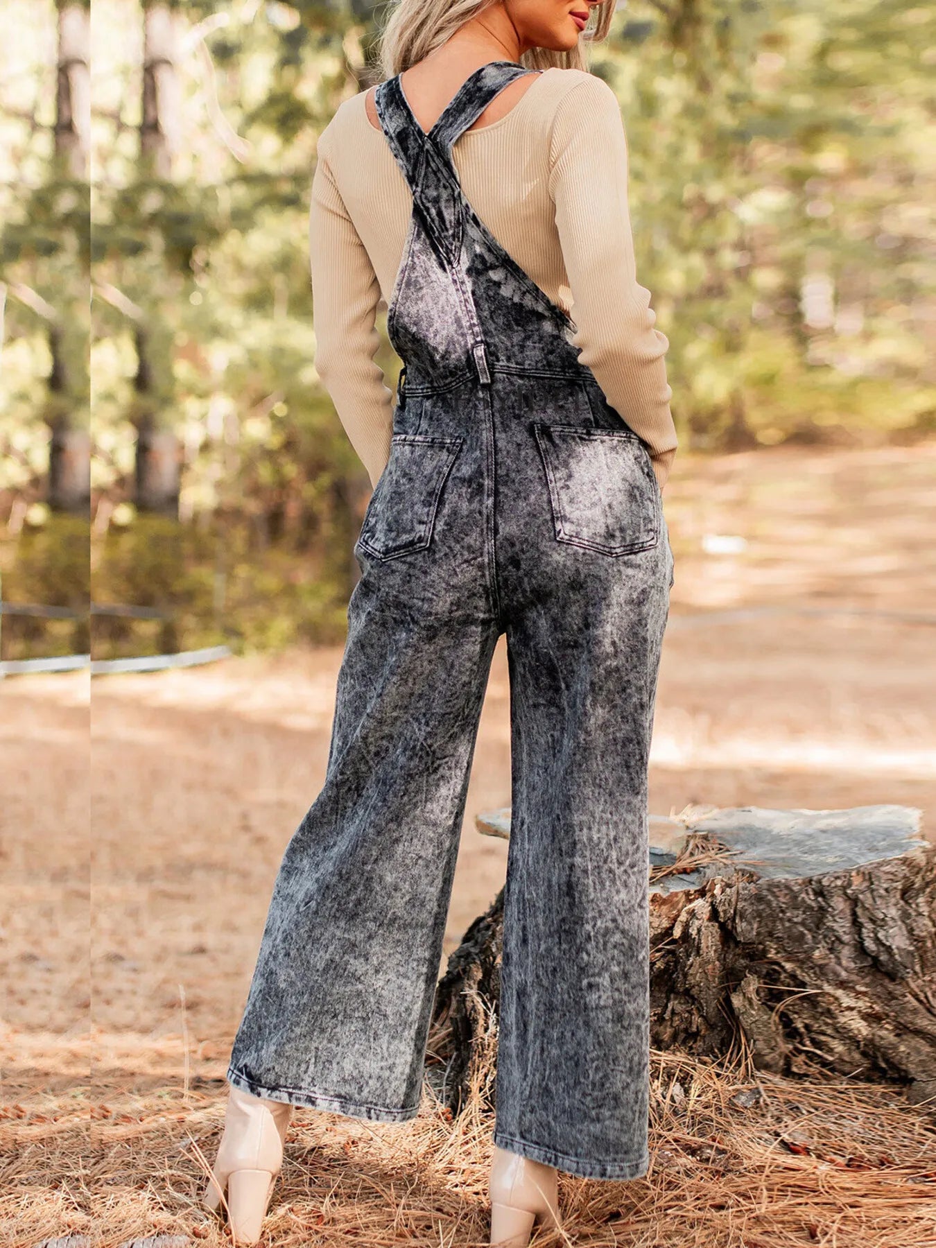 Washed Wide Leg Denim Overalls with Front Pockets | Necessary Clothing