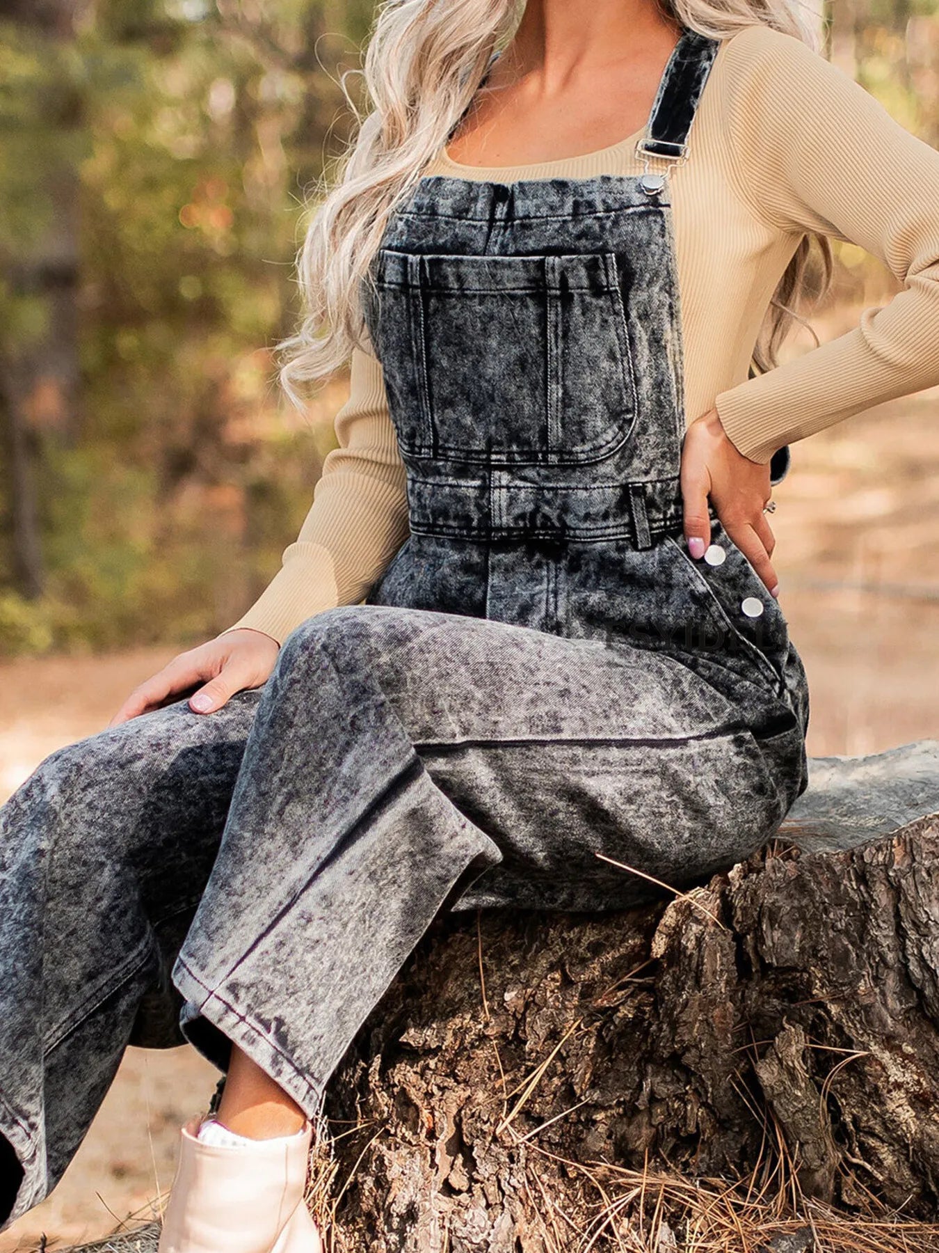 Washed Wide Leg Denim Overalls with Front Pockets | Necessary Clothing