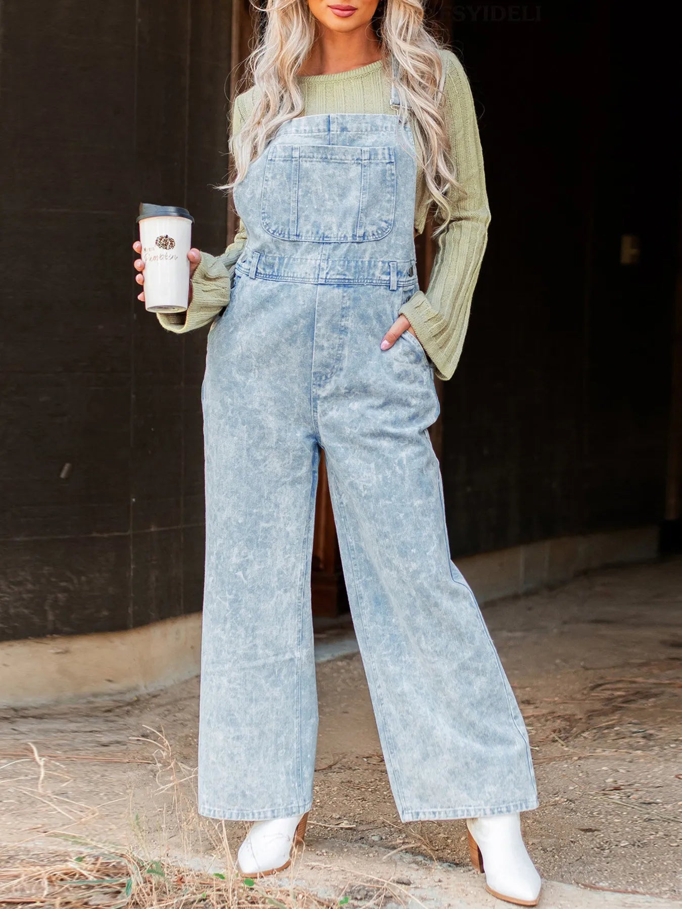 Washed Wide Leg Denim Overalls with Front Pockets | Necessary Clothing