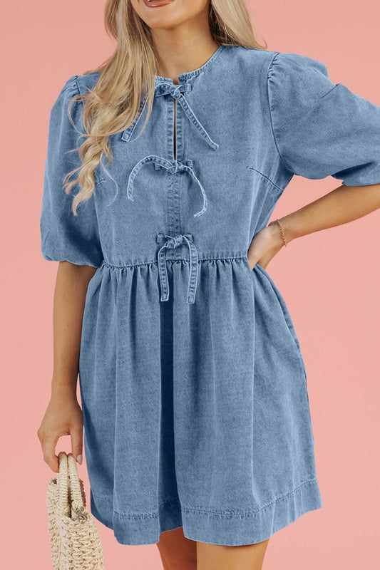 Bowknot Round Neck Half Sleeve Denim Dress - Necessary Clothing