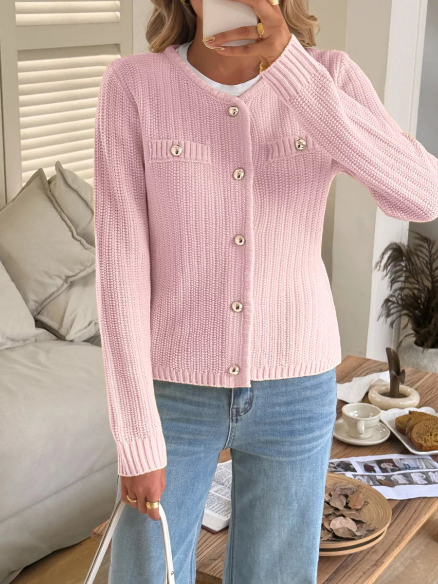 Button - Front Ribbed Long Sleeve Cardigan - Necessary Clothing