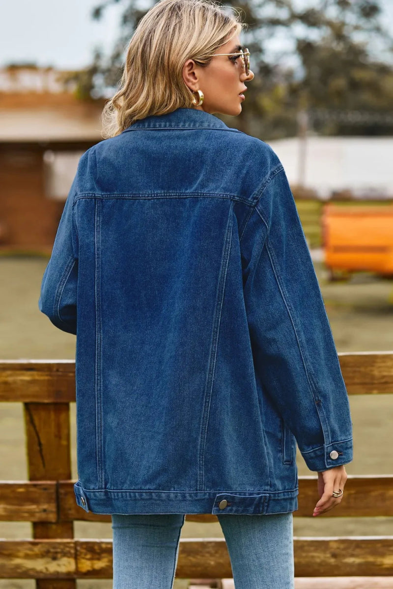 Buttoned Collared Neck Denim Jacket with Pockets - Necessary Clothing