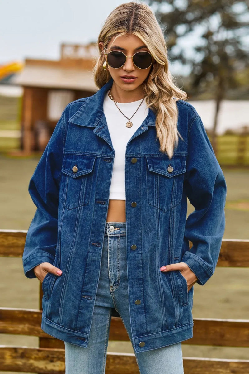 Buttoned Collared Neck Denim Jacket with Pockets - Necessary Clothing