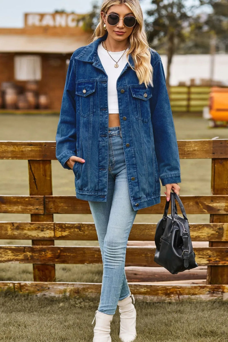 Buttoned Collared Neck Denim Jacket with Pockets - Necessary Clothing