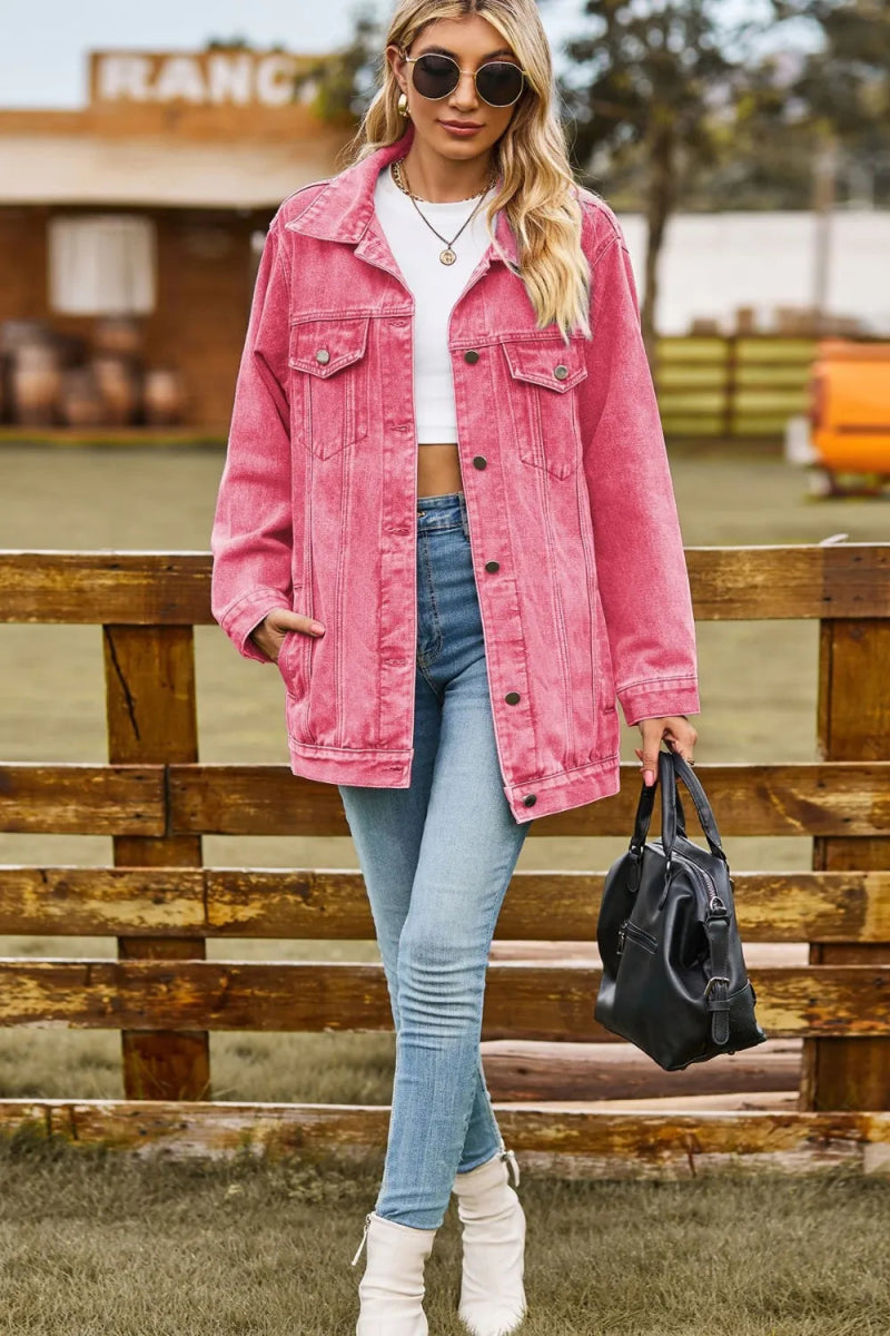 Buttoned Collared Neck Denim Jacket with Pockets - Necessary Clothing