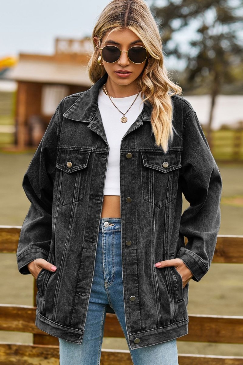 Buttoned Collared Neck Denim Jacket with Pockets - Necessary Clothing