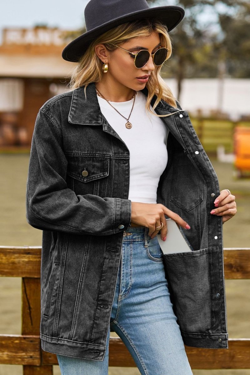 Buttoned Collared Neck Denim Jacket with Pockets - Necessary Clothing