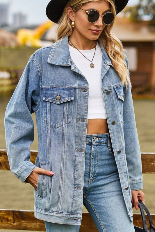 Buttoned Collared Neck Denim Jacket with Pockets - Necessary Clothing