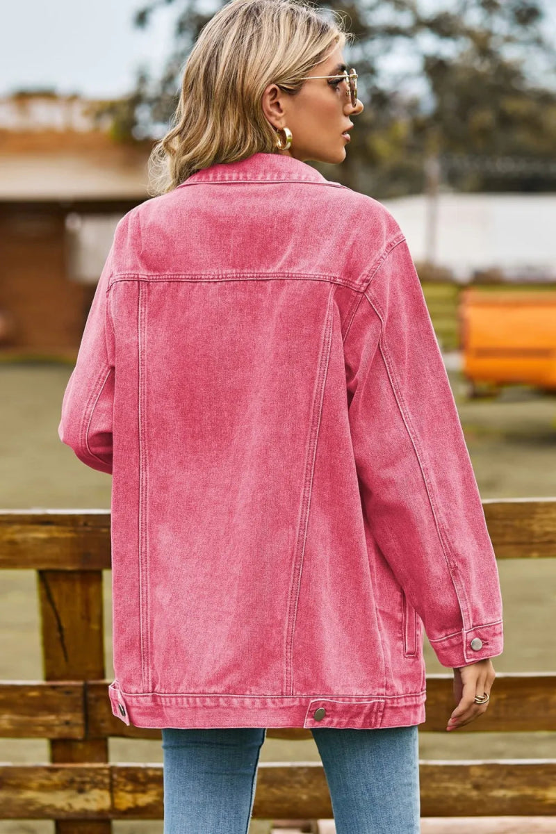 Buttoned Collared Neck Denim Jacket with Pockets - Necessary Clothing