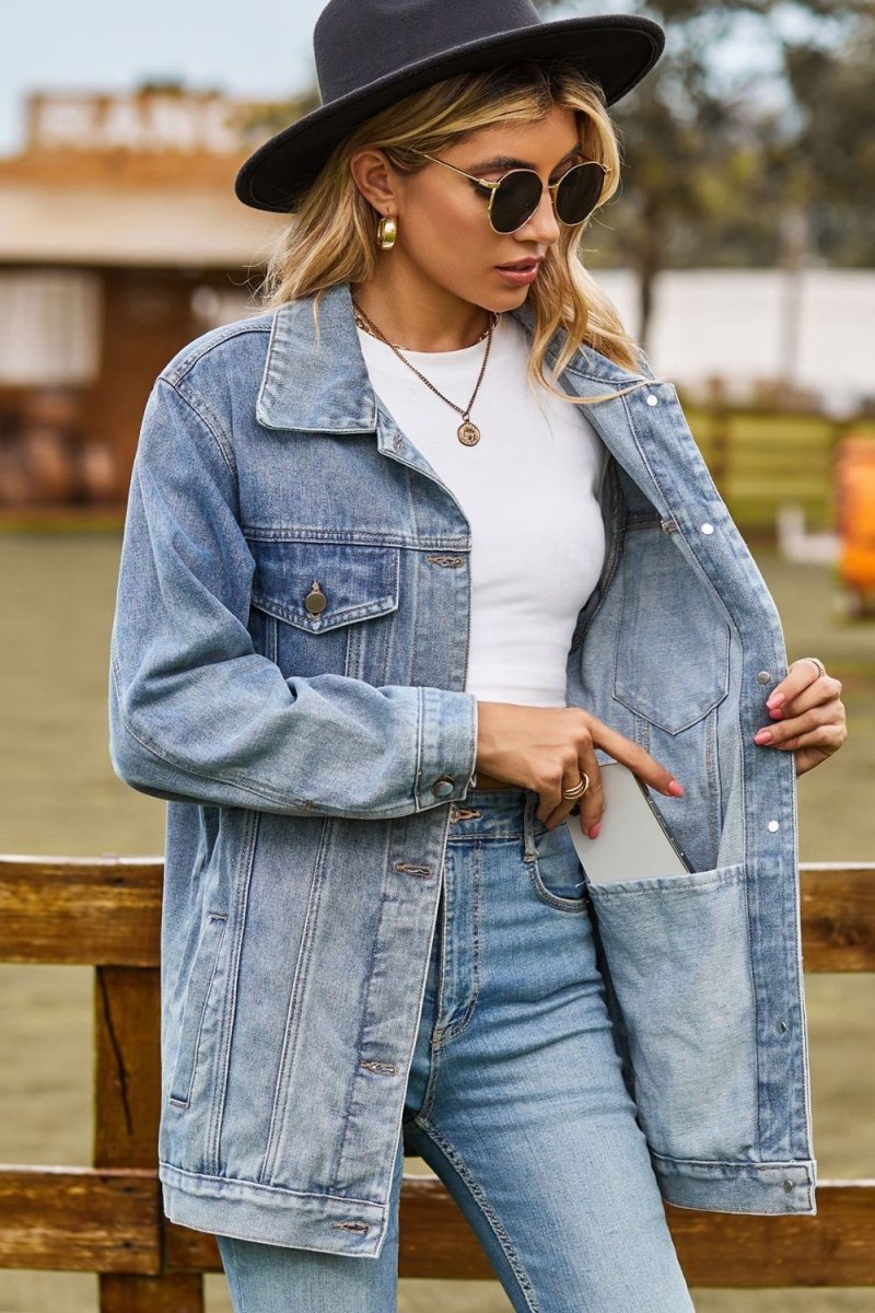 Buttoned Collared Neck Denim Jacket with Pockets - Necessary Clothing