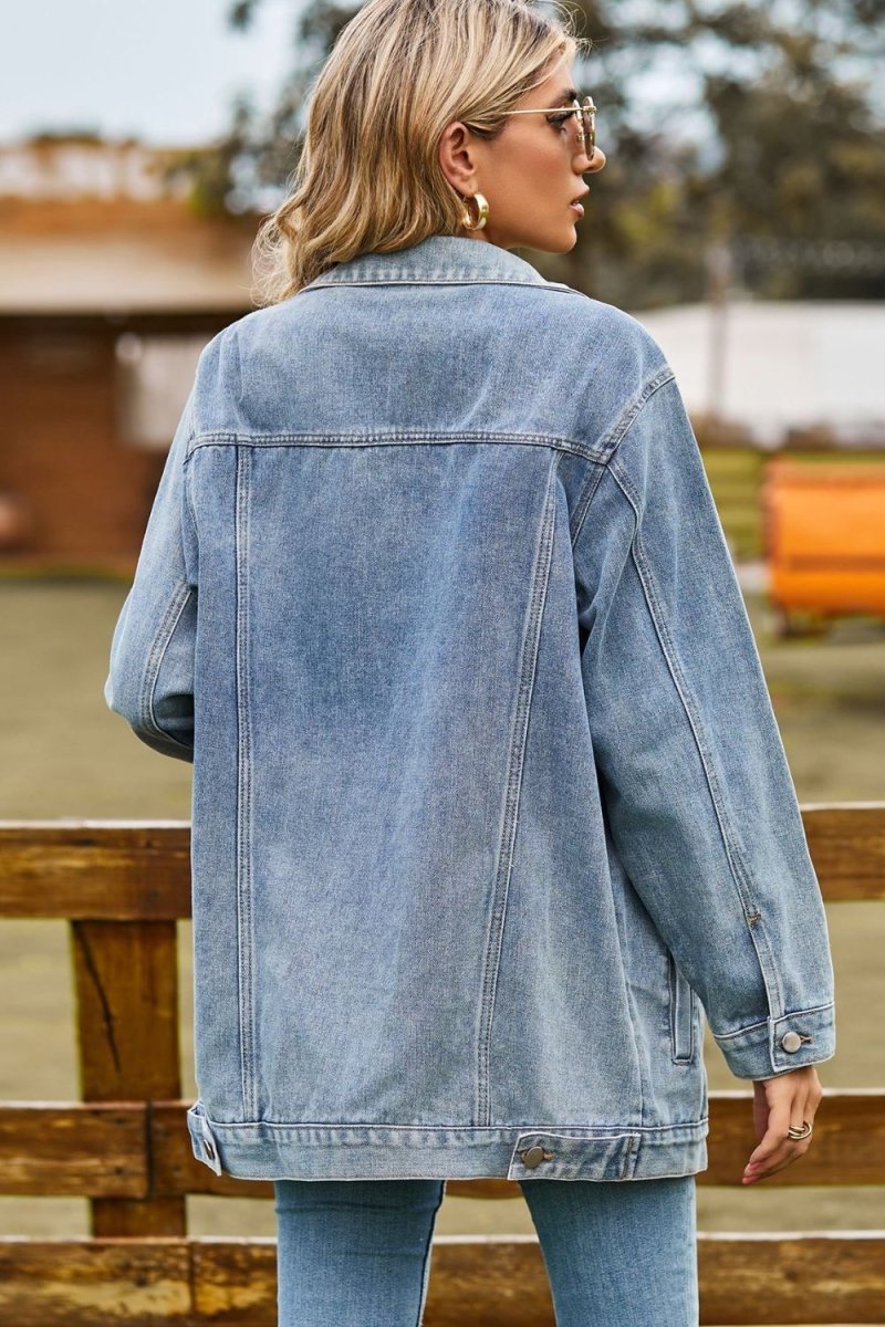 Buttoned Collared Neck Denim Jacket with Pockets - Necessary Clothing
